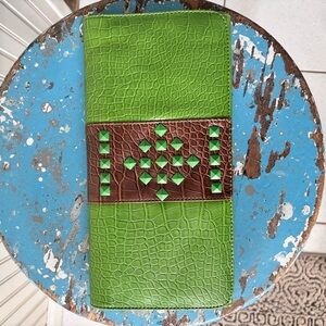 Green Crocodile Embossed Clutch with Brown Details
